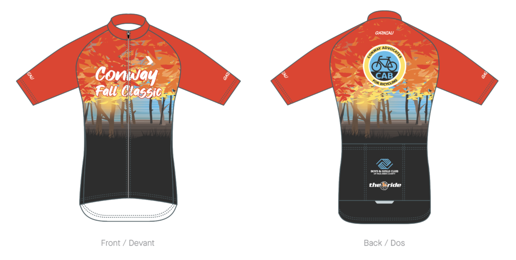 Front and back of the Conway Fall Classic 2024 bicycle jersey, depicting a forest with bright autumn colors and "Conway Fall Classic" in white. The CAB logo sits in the center of the back, and the lower back has additional sponsors: Boys & Girls Club of Faulkner County and The Ride. The Jersey is manufactured by Garneau.