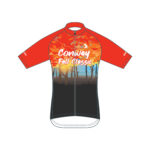 The front side of the Conway Fall Classic 2024 bicycle jersey, depicting a forest with bright autumn colors and "Conway Fall Classic" in white.