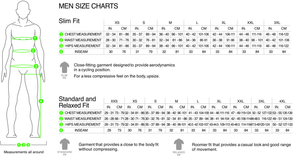 Size chart for men's bicycling jersey. Slim, standard, and relaxed fits.