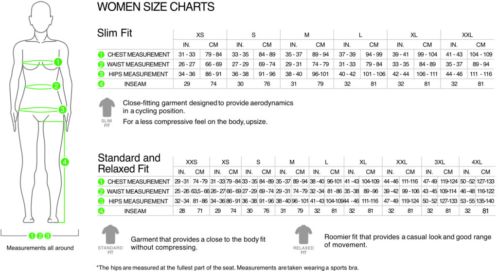 Size chart for women's bicycling jersey. Slim, standard, and relaxed fits.